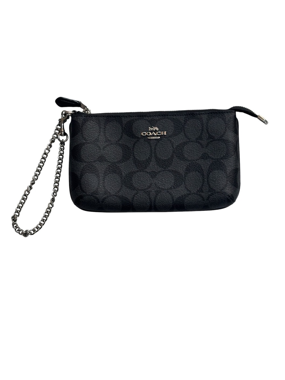 Coach Black Signature Wristlet Pouch with Silver Chain, New With Tags